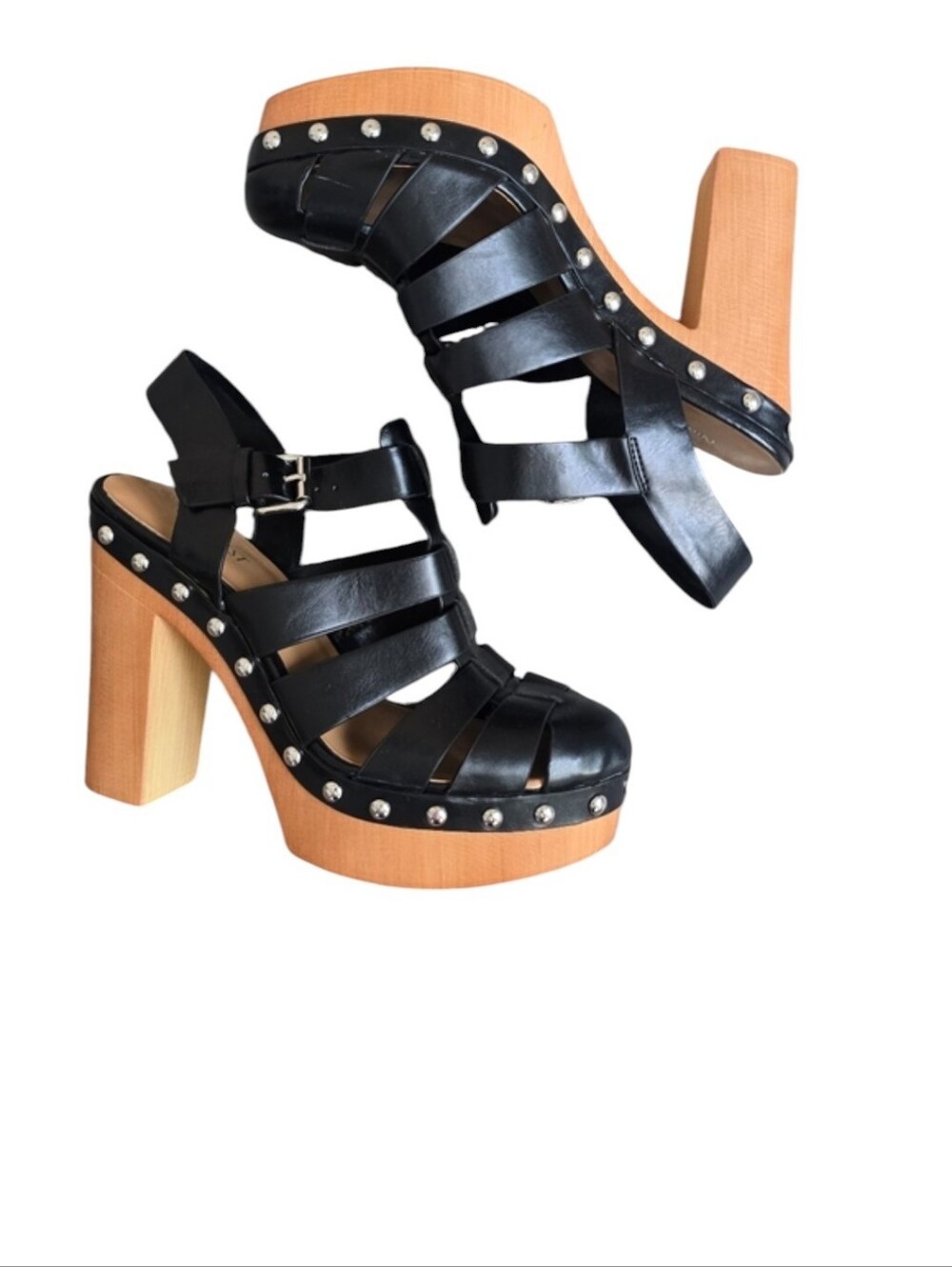 Nine West Black Strappy Platform Studded Chunky Heels